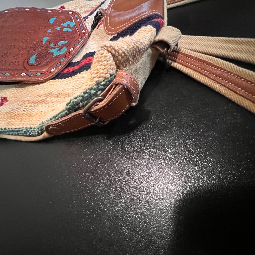 Boho western woven backpack tooled leather flap Aztec southwestern festival bag - Picture 12 of 12